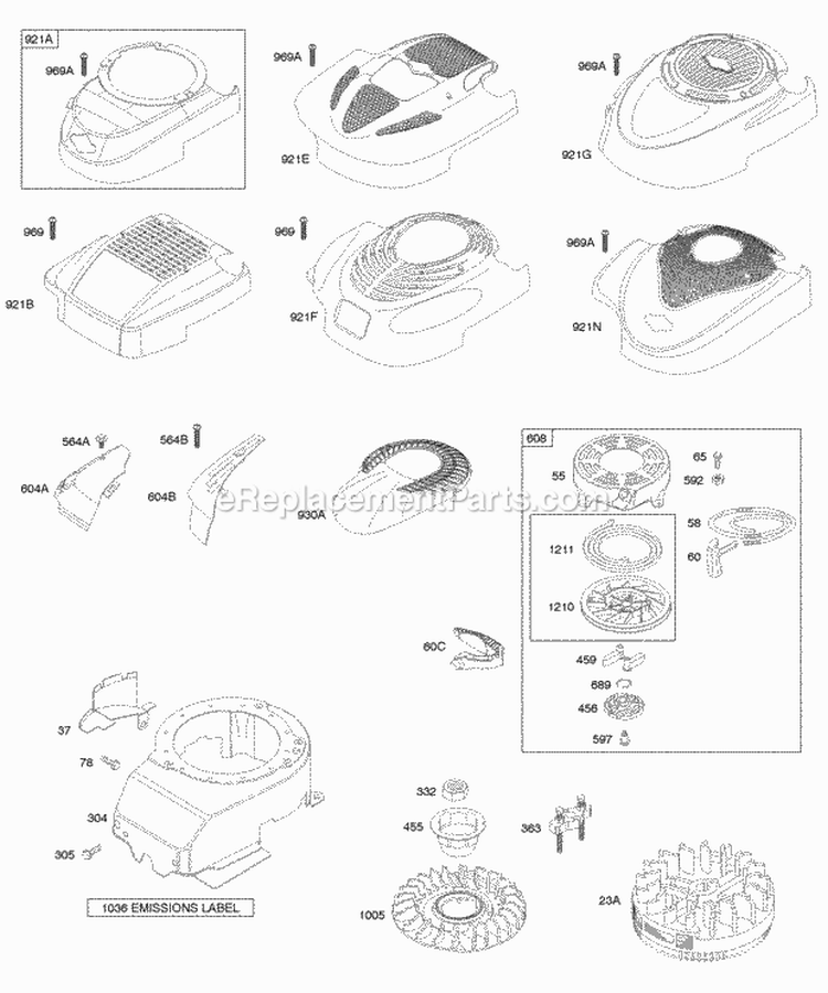Blower HousingShrouds Flywheel Rewind Starter Diagram and Parts List for 124K02-0111-B1  Briggs and Stratton Engine